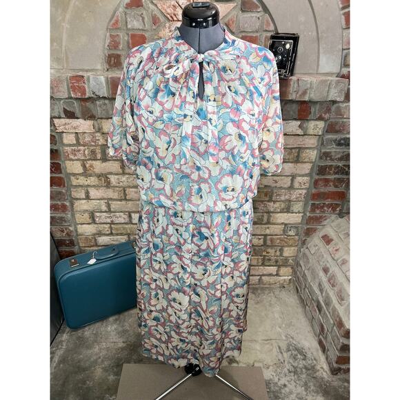 blouson dress kitten bow floral pink blue - Picture 1 of 8